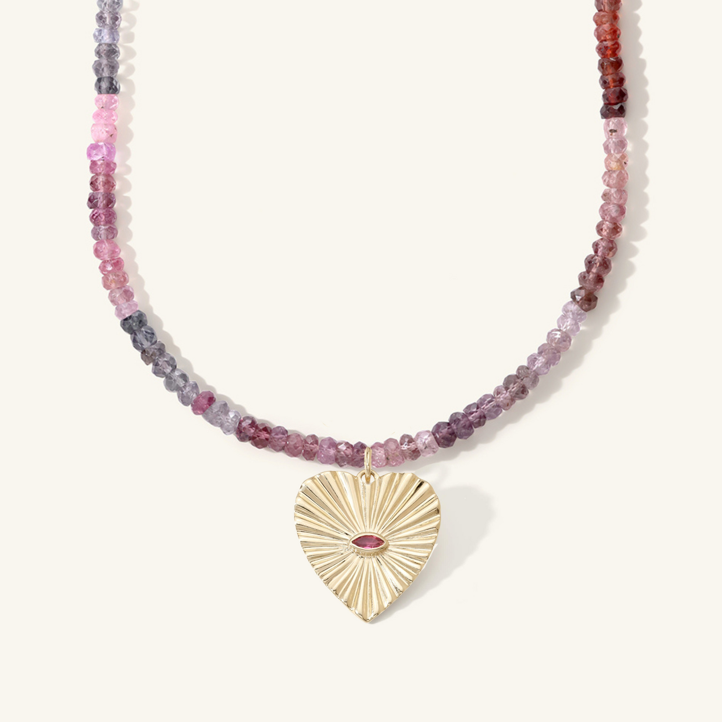 15" Plum Spinel with Pink Tourmaline Sunbeam Heart Choker