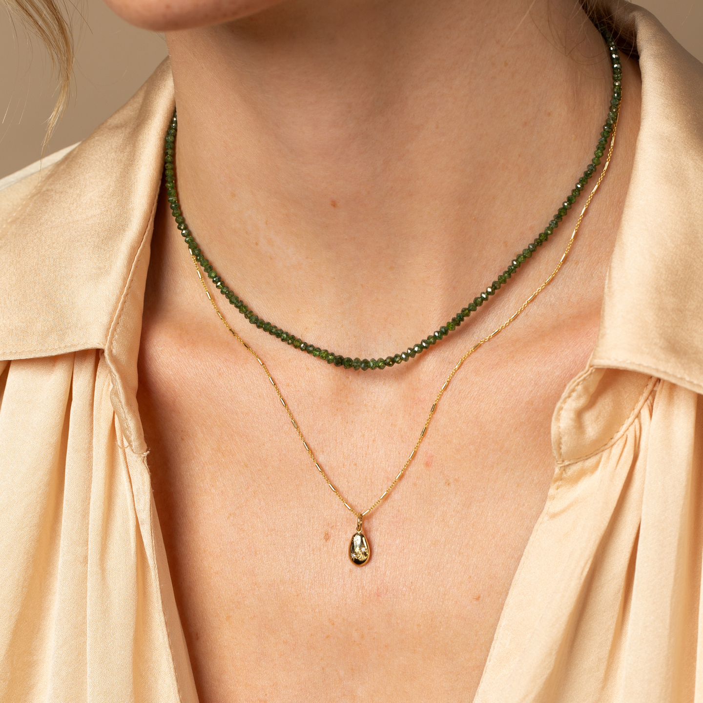 One of a Kind Juniper Leaf Green Diamond Beaded Necklace