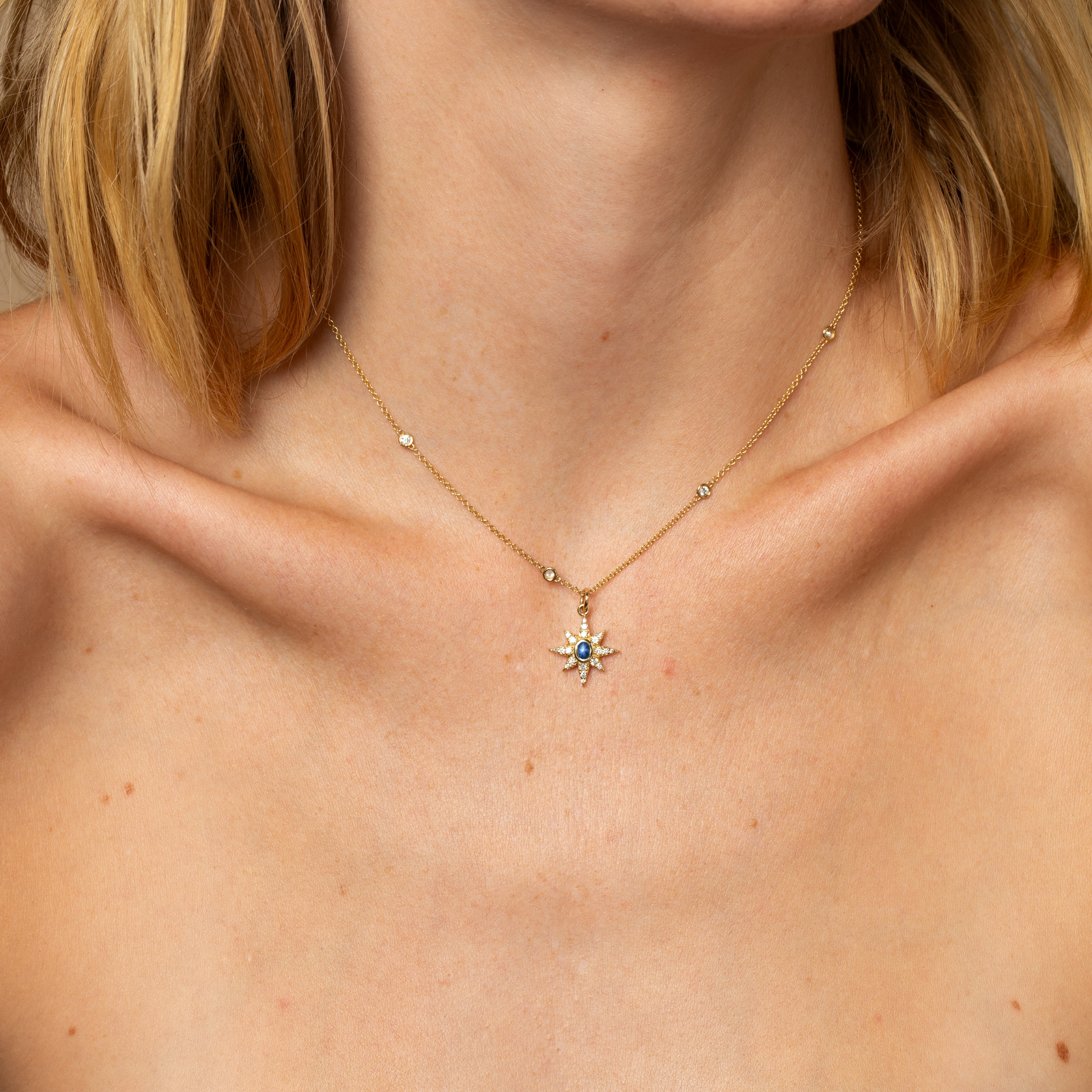Small Pavé Blue Star Sapphire Starburst Pendant